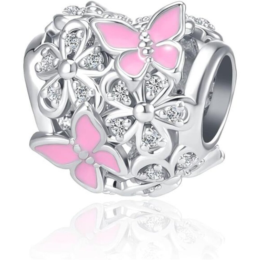 Butterfly Flower Garden Charm Magnolia Bloom Crystal Opennwork Enamel Bead for - Picture 1 of 5